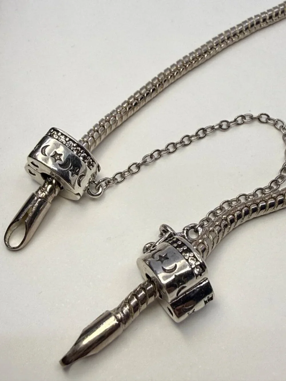 Silver Plated Celestial Moon & Star Clip Safety Chain Charm